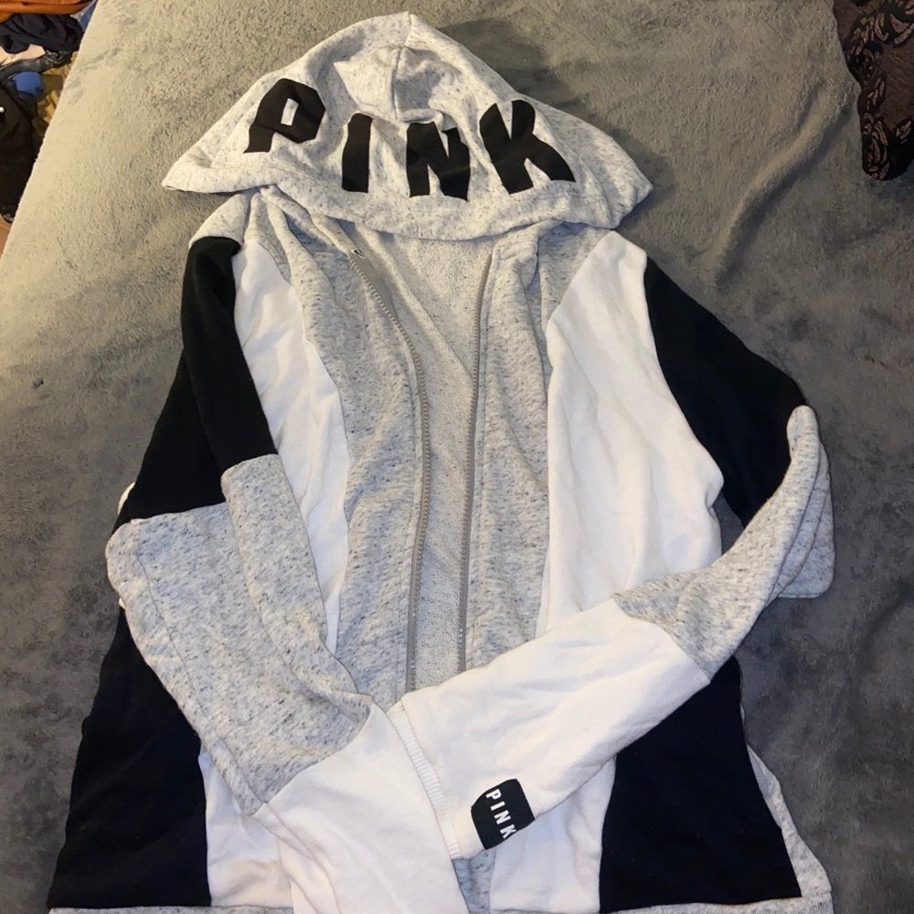 Pink Victoria’s Secret grey,black,and white hoodie